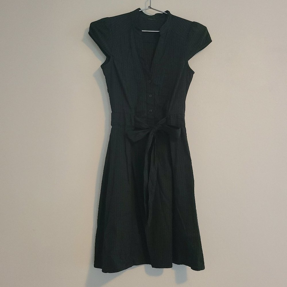 H&M Cotton Blend Black Shadow Stripe Cap Sleeve V Neck A Line Shirt Dress